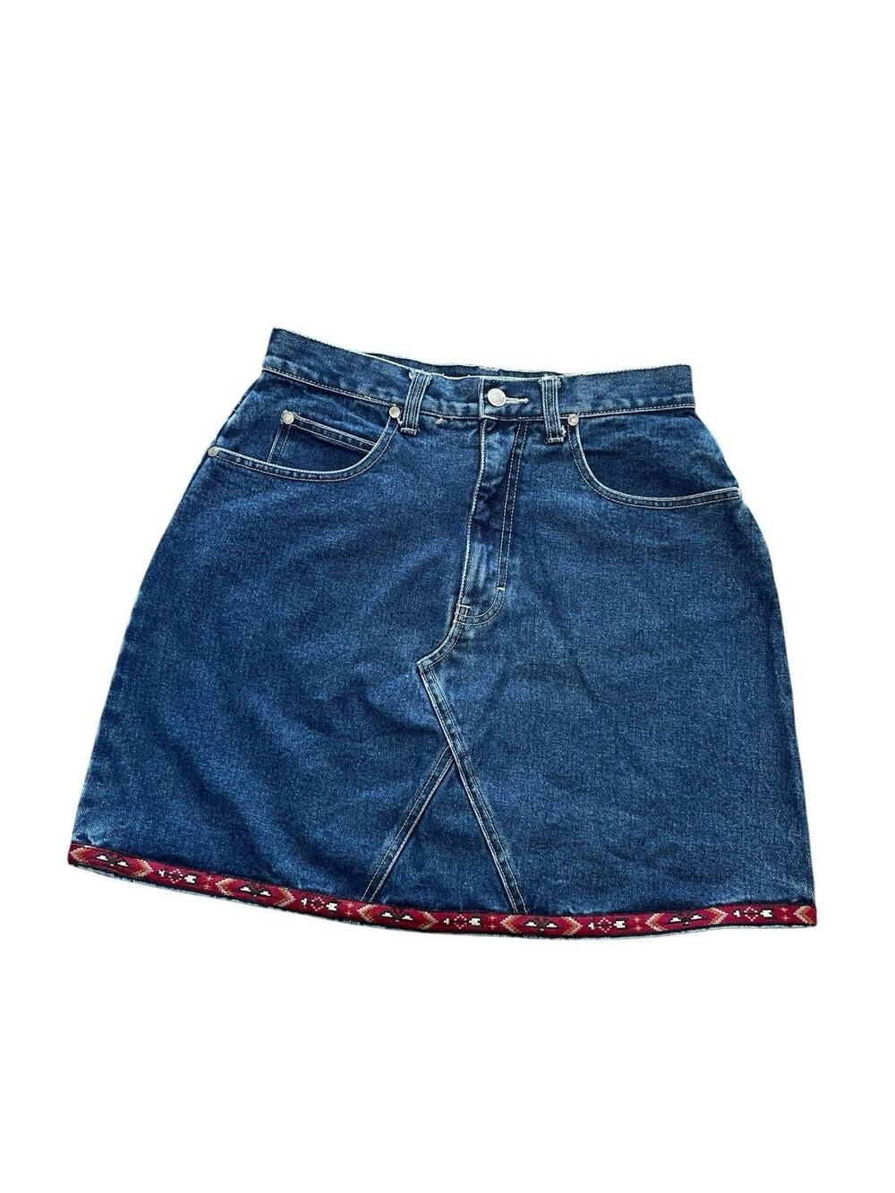 Y2K 90s Aztec Southwestern Trim Denim Mini Skirt No Boundaries 28W